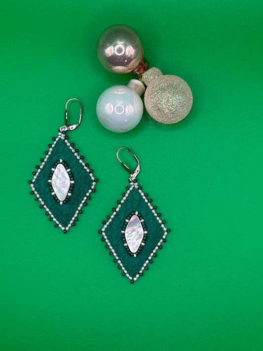 Diamond shaped earrings with mother-of-pearl center